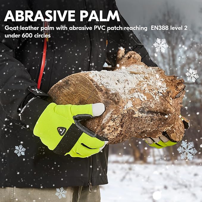 Vgo... 1Pair Chainsaw Winter Gloves,12-Layer Chainsaw Protection on Left Hands Back,Goat leather(L,Hi-Viz Green,GA8912FWCS)