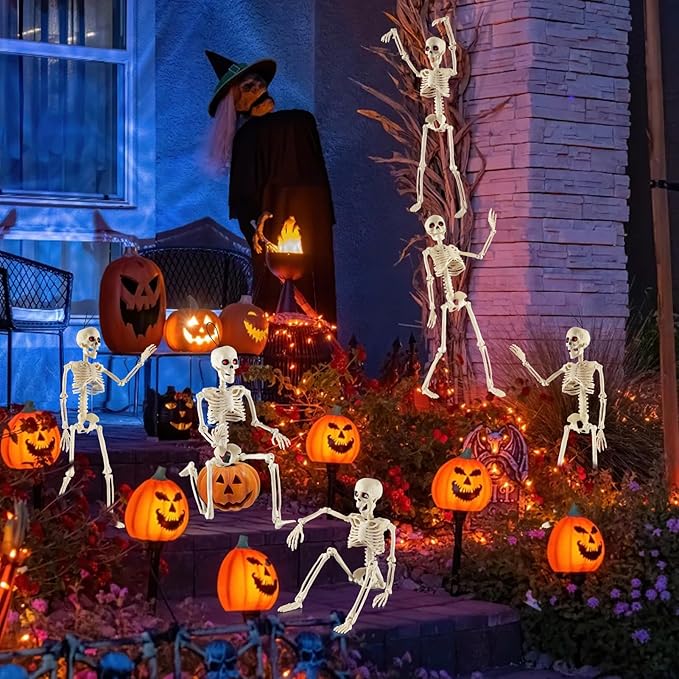 Remiawy Skeleton Halloween Decorations, 16” Full Body Posable Skeletons with Movable Joints, Small Plastic Hanging Props for Haunted House, Yard, Graveyard, Spooky Party Indoor Outdoor Decor, 2 Packs
