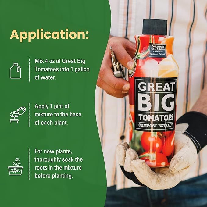 Great Big Tomatoes – Soil and Tomato Fertilizer Booster to Grow The Tastiest Tomatoes and Veggies; 32 Ounce Concentrate (Makes 8 Gallons)