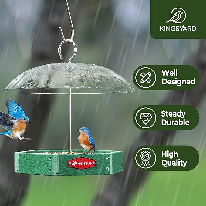 Kingsyard Large Platform Bird Feeder Outdoor Hanging, Adjustable Dome Squirrel Proof Rain Cover, Metal Mesh Tray Recycled Plastic Wild Bird Seed Feeding Station, Green