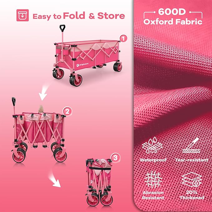 48" L Collapsible Wagon Cart Foldable, 560lbs Weight Capacity 300L Heavy Duty Folding Beach Wagons with Big All-Terrain Wheels, Utility Carts for Groceries, Shopping, Camping, Sports - Pink