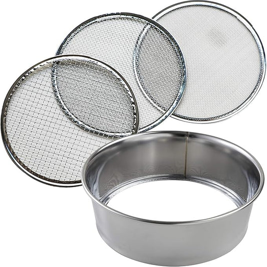 Wazakura Soil Sifter for Gardening and Bonsai 3PCS Set, 8-1/4 in, Stainless Steel Garden Sieve and Compost Sifter for Topsoil, Akadama Soil, Fine Sand, Worm Castings. Portable Sifter for Rocks
