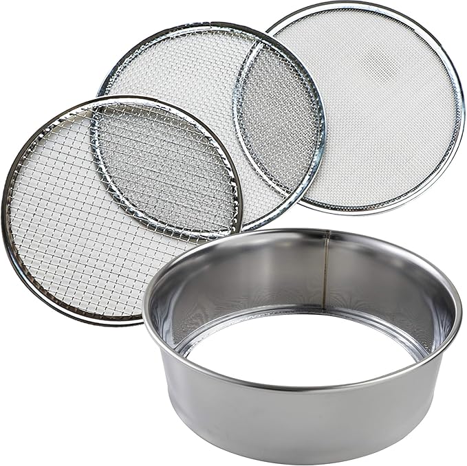 Wazakura Soil Sifter for Gardening and Bonsai 3PCS Set, 8-1/4 in, Stainless Steel Garden Sieve and Compost Sifter for Topsoil, Akadama Soil, Fine Sand, Worm Castings. Portable Sifter for Rocks