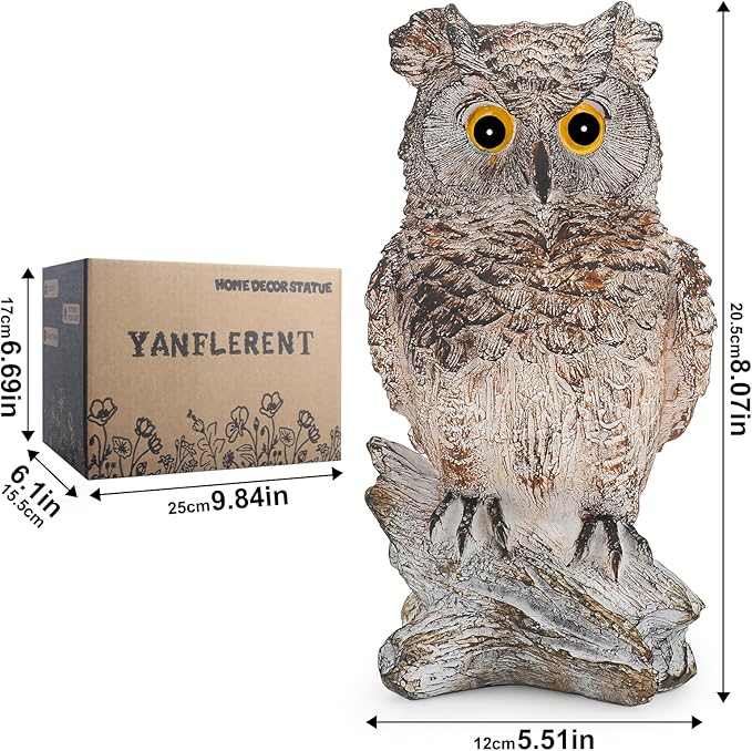 Owl Outdoor Statue Figurine Decoration, Hand-Painted Owl on Branch, Waterproof, Fade-Proof Sculpture for Garden, Patio, Home Decor Statue (Brown)