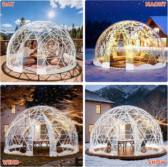 12FT Garden Dome Tent, Geodesic Dome Greenhouse with PVC Clear Cover, Waterproof Garden Bubble Dome Tent House with 2 x 10M Light Strings for Outdoor, Patio, Backyard, Party (White Edge, 10FT/3M)