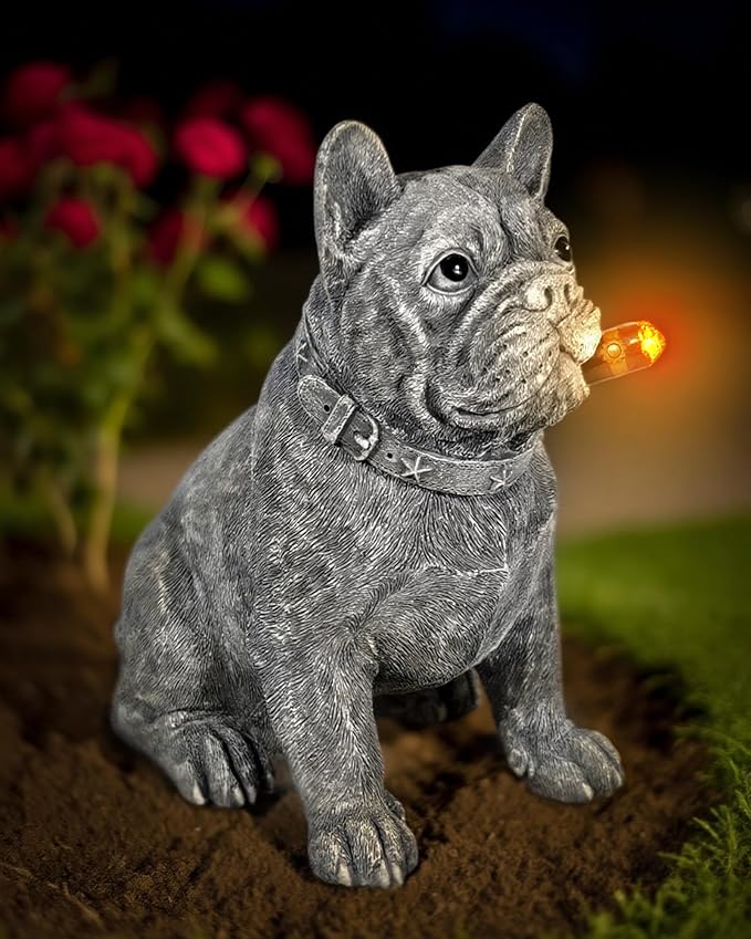 Dog Solar Garden Statue with LED Light - Outdoor Yard, Lawn, Patio French Bulldog Decor - Unique Birthday Housewarming Gift for Dad, Mom, Men, Women
