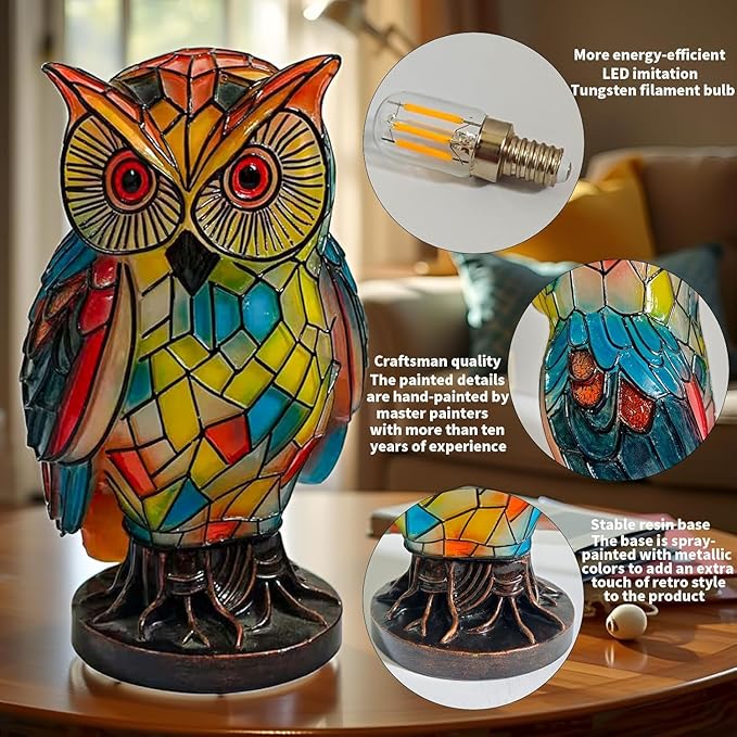 Tiffany Style Owl Table Lamps - Hand-Drawn Vintage Resin Colorful Tiffany Owl Lamp for Bedroom Living Room Nursery Office, Whimsical Animal Desk Lamp, Unique Gift for Mom.
