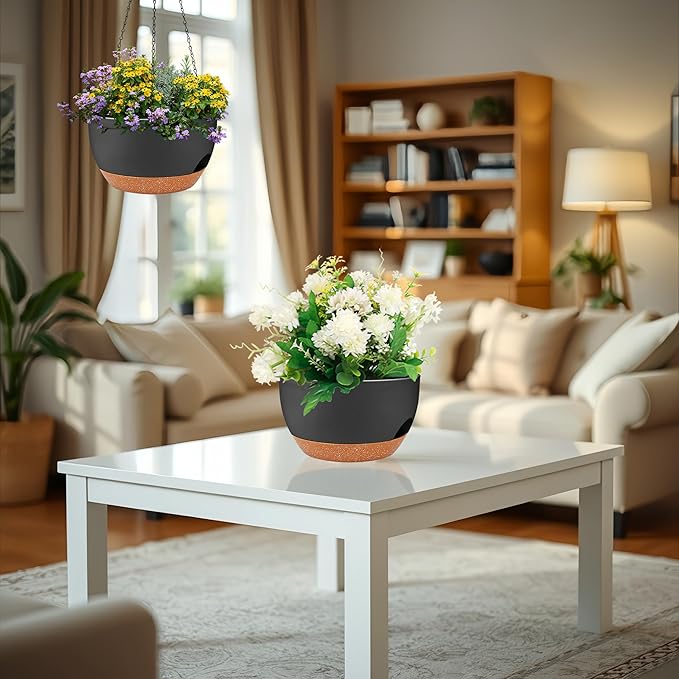 2 Pack 12 Inch Large Hanging Planters with Chains Self Watering Black Brown Plastic Hanging Pots for Indoor Outdoor Plants, Garden Porch Home Decor,Black Brown