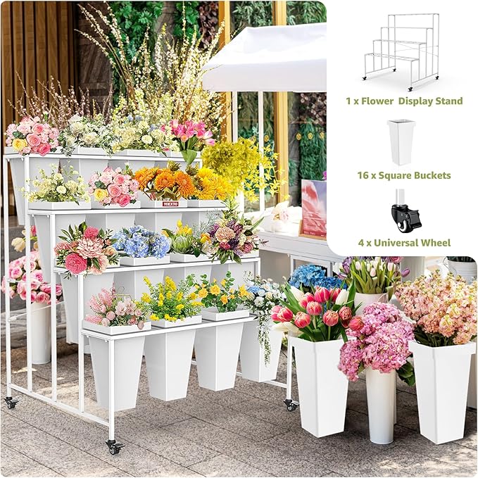 4 Layers Flower Display Stand with Buckets, 16 PCS Buckets Plant Stand with Wheels, Movable Metal Plant Stand for Terrace Garden, Living Room, Florist Shop