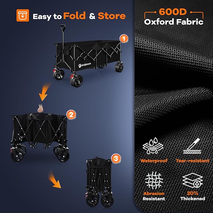 48" L Collapsible Wagon Cart Foldable, 560lbs Weight Capacity 300L Heavy Duty Folding Beach Wagons with Big All-Terrain Wheels, Utility Carts for Groceries, Shopping, Camping, Sports - Black