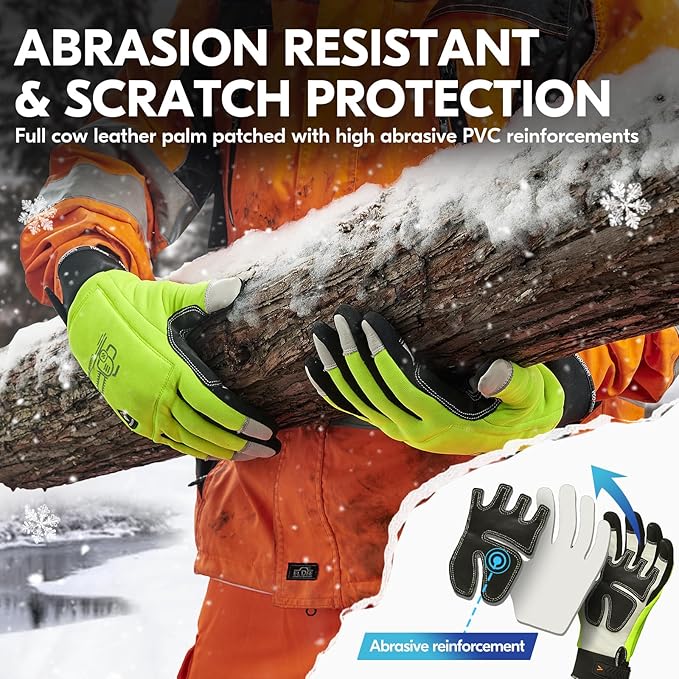 Vgo... 1Pair Chainsaw Winter Gloves,12-Layer Chainsaw Protection on Both Hands Back,Safety Cow Leather Work Gloves,Mechanic Gloves(Size L,Hi-Viz Green,CA9760FLWP)