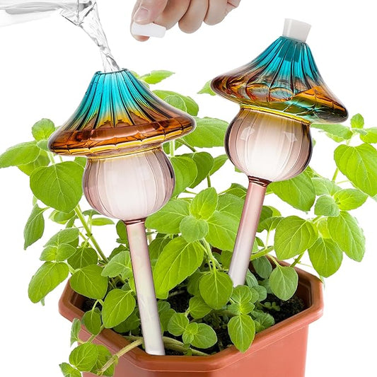 Plant Watering Globes Mushroom, Rainbow Gradient Color Glass Watering Bulbs, Self Watering Planter Insert, Self Watering Globes - Plant Watering Devices for Travel Vacation (2 PCS)
