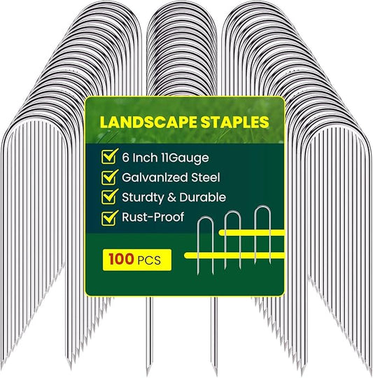 Garden Stakes 6 inches, U-Shaped Tent Stakes, Galvanized Landscape Staples, Ground Stakes, for Landscaping Securing Weed Barrier Fabric, Irrigation Tubing, Holding Fence, Tarpaulin (100)