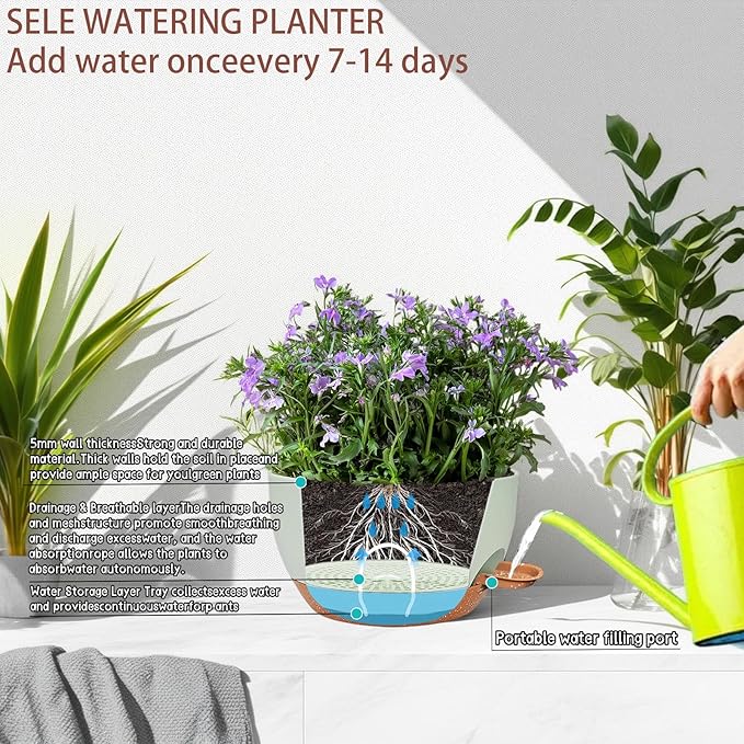 2 Pack 12 Inch Large Hanging Planters with Chains Self Watering Green Brown Plastic Hanging Pots for Indoor Outdoor Plants, Garden Porch Home Decor,Green Brown