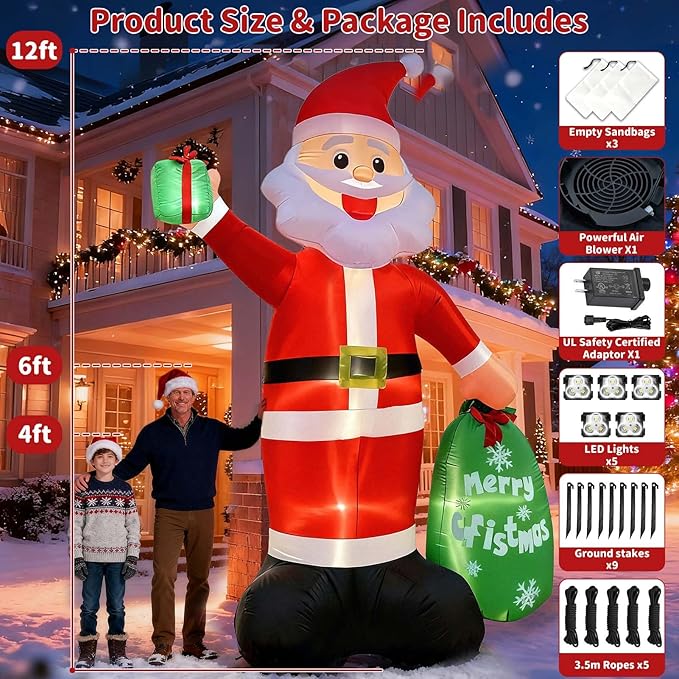 12FT Giant Christmas Inflatable Santa Claus with LED Lights and Gift Bag, Outdoor Blow Up Decorations for Yard, Indoor Holiday Party, Built-in Lights, Weatherproof, Includes Stakes & Sandbags