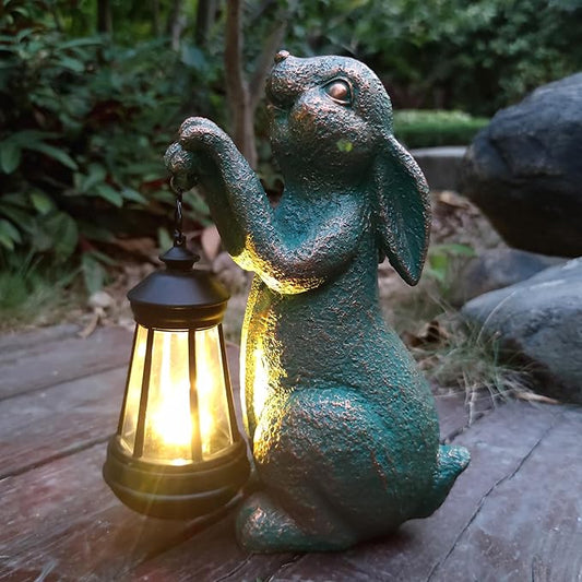 Rabbit Garden Statue Outdoor Décor with Solar Lights Lantern,Rabbit Solar Light Figurines Outside Decorations for Yard,Lawn, Patio, Balcony, Unique Housewarming Gifts