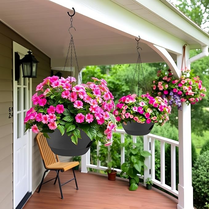 2 Pack 12 Inch Large Hanging Planters with Chains Self Watering Black Plastic Hanging Pots for Indoor Outdoor Plants, Garden Porch Home Decor,Black