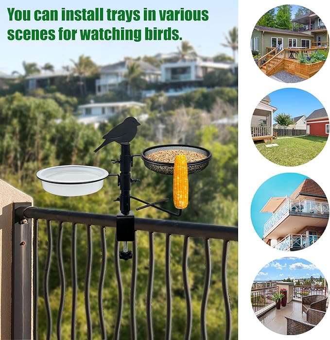 Deck Railing Bird Feeder for Balcony with Platform Metal Mesh Tray,2 Bird Bath Water Bowls and Fruit Station,Deck Rail Mounted Birds Feeder for Outside Wild Birds&Squirrel