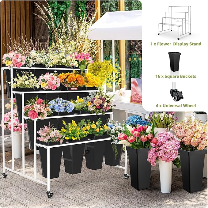 4 Layers Flower Display Stand with Buckets, 16 PCS Buckets Plant Stand with Wheels, Movable Metal Plant Stand for Terrace Garden, Living Room, Florist Shop