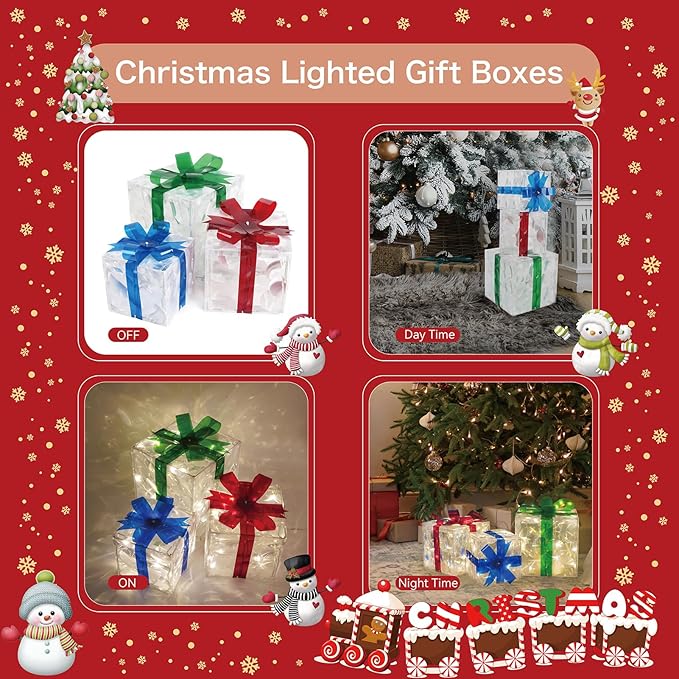 Set of 3 Christmas Lighted Gift Boxes, 60 LED Light Up Present Boxes for Christmas Decorations Indoor Outdoor Yard Xmas Tree Holiday Party Lawn Porch Home Decor (PVC)