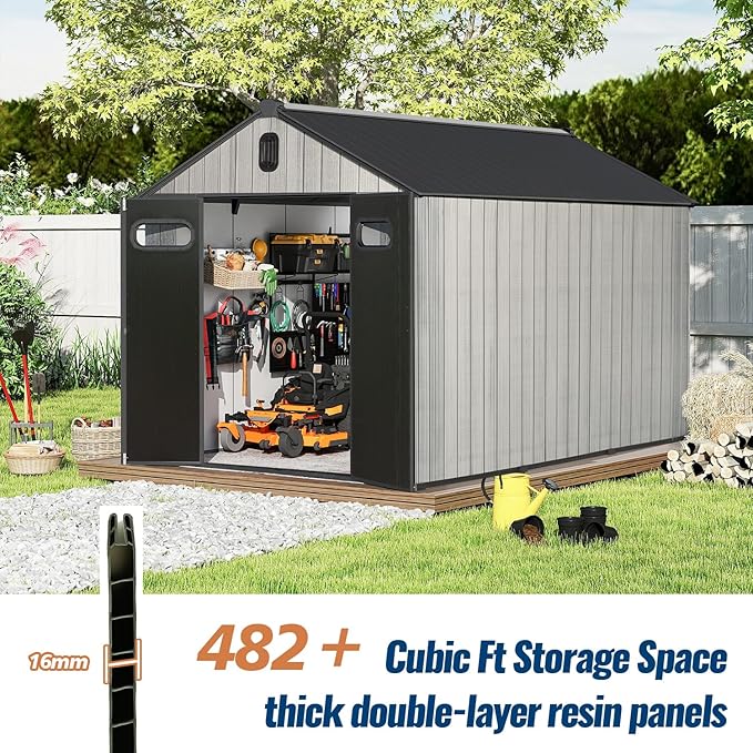 Domi 8×10ft Outdoor Resin Storage Shed - 482+ Cubic Ft Weatherproof Double-Wall Yard Shed with Skylight, Lockable Door and Carpet, Heavy-Duty Steel Frame Storage Building for Lawn Mower, Bike, Tools