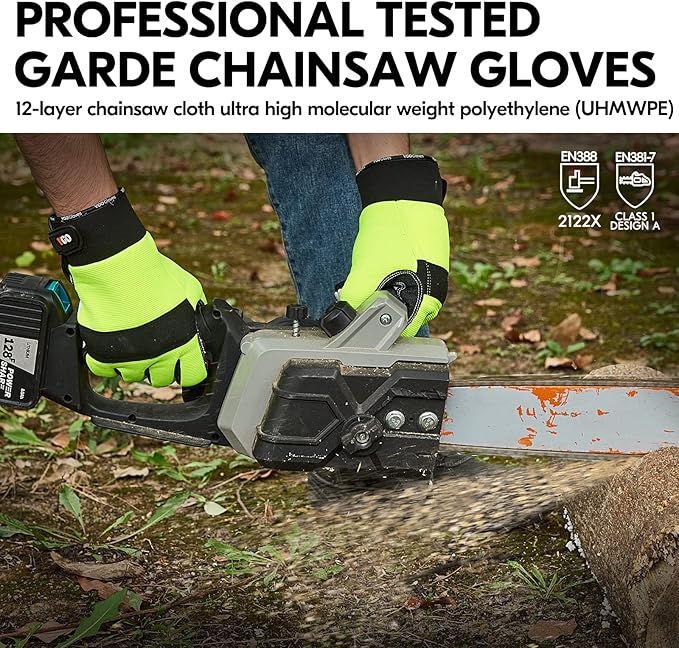 Vgo... 1Pair Chainsaw Gloves, 12-Layer Chainsaw Protection on Left Hand Back,Goat leather Work Gloves, Mechanic Gloves