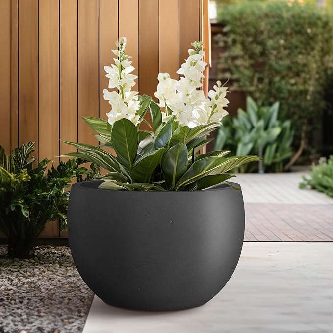 Kante 19.9" Dia Round Concrete Planter, Outdoor/Indoor Large Bowl Plant Pots with Drainage Hole and Rubber Plug for Garden Patio Balcony Home, Black