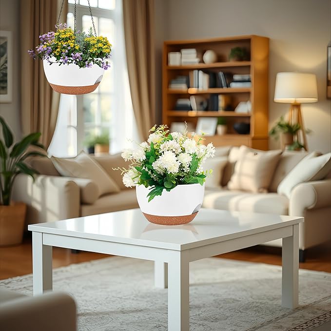 2 Pack 12 Inch Large Hanging Planters with Chains Self Watering White Brown Plastic Hanging Pots for Indoor Outdoor Plants, Garden Porch Home Decor,White Brown