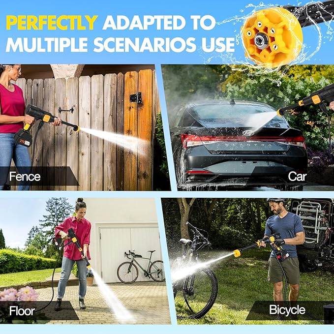 Cordless Pressure Washer, 600PSI Portable Power Washer with 6-in-1 Nozzle & Foam Cannon, 21V Battery Powered Cordless High Pressure Washer Gun, Handheld Pressure Washers for Car, Patio, Home