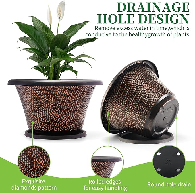 Quarut 12 Inch Pots for Plants,4 Pack Large Flower Pots with Drainage Hole & Saucer,Modern Planters for Indoor Outdoor Plants,Decorative Resin Garden Pots Brown