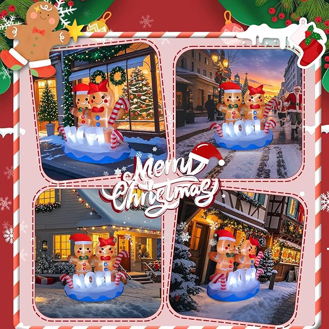 2025 Christamas Inflatable Gingerbread 6FT Gingerbread Man Couple with Candy Canes Christamas Inflatables Outdoor Decorations Xmas Blow Up Decor with Built-in 8 LEDs for Holiday Yard Garden Lawn