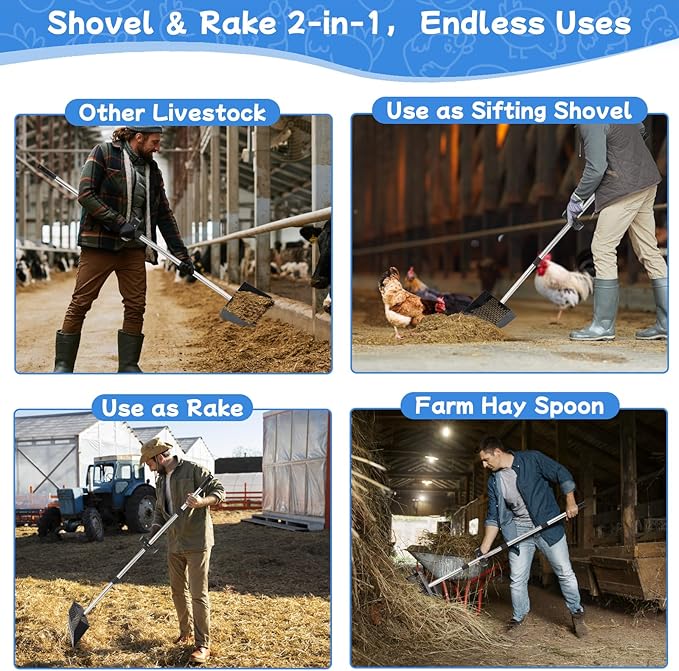FHTONGE Heavy Large 2-in-1 Chicken Poop Scoop and Rake with Grip, Adjustable 5 Lenghts 22-74" Metal Chicken Coop Scooper for Sand Hay Bedding Litter, Sifting Shovel for Farm Livestock Poultry Garden