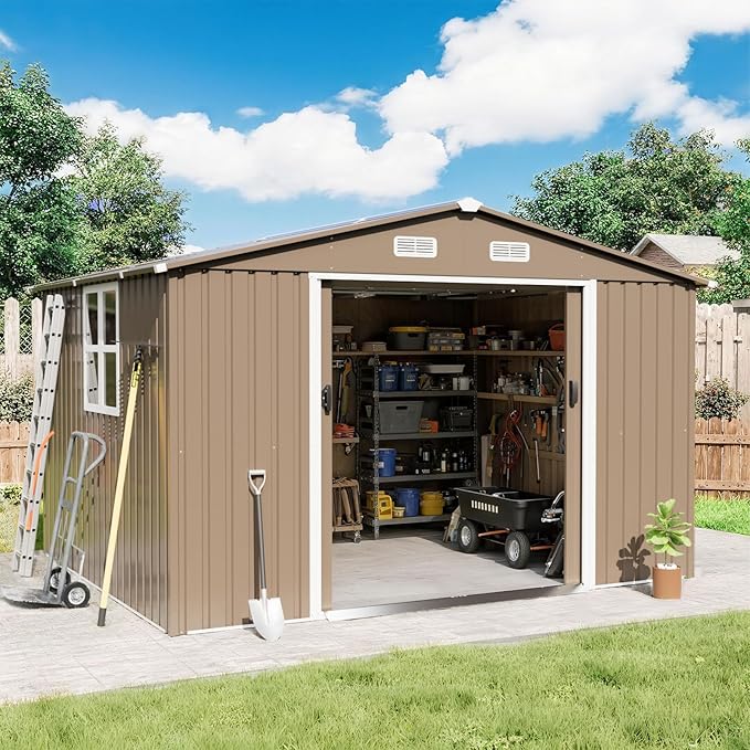 Gotland 10FT x 8FT Sheds & Outdoor Storage, Storage Shed with 1 Large Window Sloped Step, Metal Shed with 2 Lockable Slide Doors Air Vents, Outdoor Shed for Backyard Patio Lawn Brown