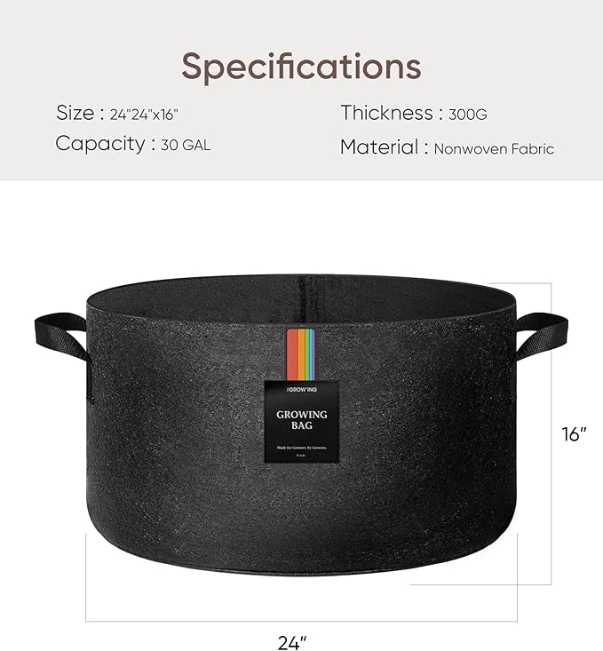 The Growing 5 Pack 30 Gallon Fabric Grow Bags,Thickened Aeration Nonwoven Fabric Plant Pots with Durable Handles,Heavy Duty 300G Planter Pot for Tomato, Fruits, Vegetables and Flowers, Black