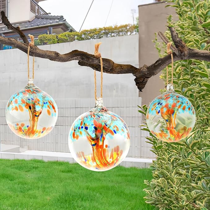 Hand Blown Glass Ball, 4" Gazing Glass Christmas Ornaments, Hanging Tree of Life Witch Balls for Home Outdoor Window Patio Garden Décor(Blue)