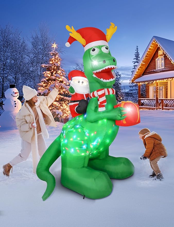 8ft Christmas Inflatables Dinosaur Outdoor Decorations with Bright LED and Disco Light, Santa Claus Riding Dinosaur Holding Gift Box, Outside Blow Up Decor for Xmas Holiday Party Yard Garden