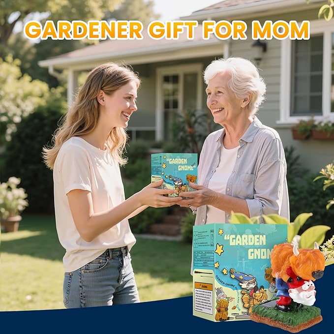 Garden Statue–Grome&Highland Cow Outdoor Decor Solar Light for Yard, Patio or Balcony–Eco-Friendly Resin Figurine Gift for Parents, Friends, Coworkers–Christmas, White Elephant, Thanksgiving, Birthday