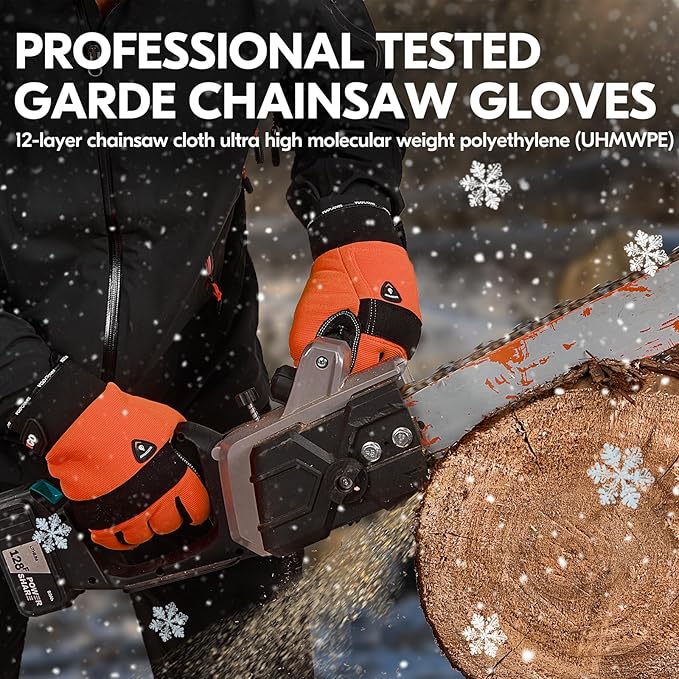 Vgo... 1-Pair 0℃/32°F Chainsaw Gloves, 12-Layer Chainsaw Protection on Left Hand Back, Safety leather Work Gloves, Mechanic Gloves(Size XL, Lined Orange,GA8912FWCS)