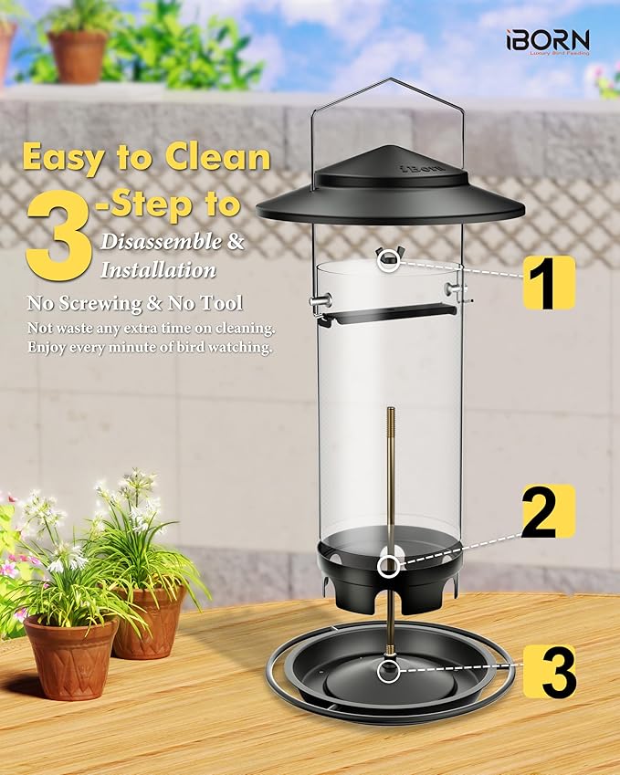iBorn Metal Bird Feeders for Outdoors Hanging,Wild Bird Feeders for Cardinal,18cm Large Roof&Tray Black 6 Port (Seed is not Included)