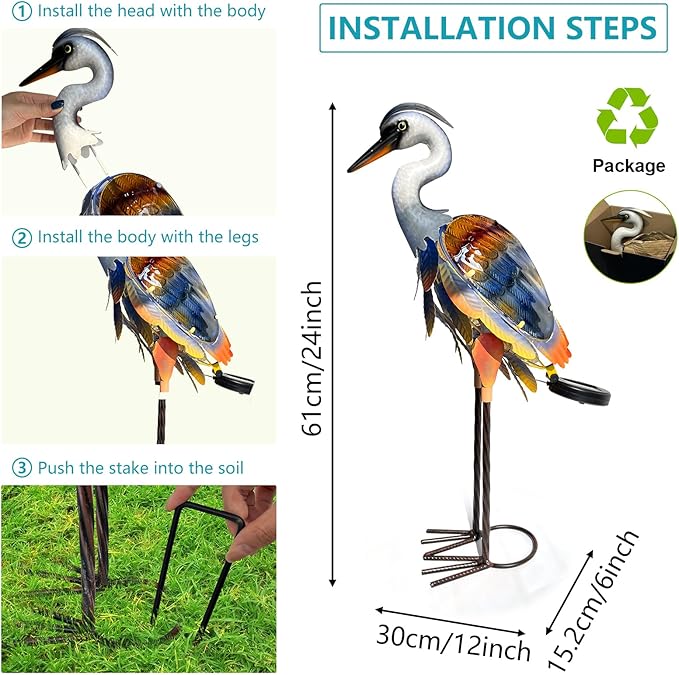 HONGLAND Solar Heron Metal Crane Statue Garden Heron Sculpture, Glass Outdoor Crane Yard Art Coastal Ocean Bird Decor 24 Inch Lawn Ornament for Backyard Porch Patio Decor(Purple)