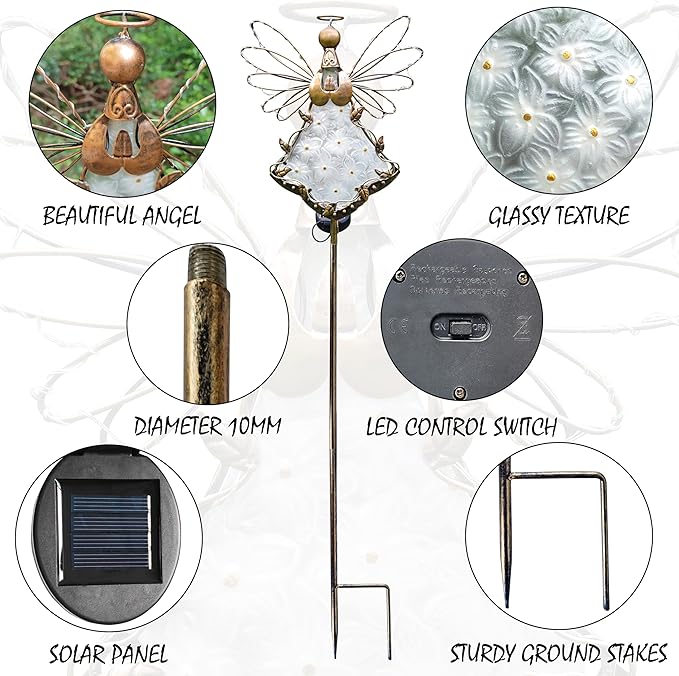 Angel Solar Lights Garden Stake Outdoor-38Inch Metal&Glass Solar Angel Stake Grave Decorations for Cemetery-Perfect as Angel Remembrance Gifts & Sympathy Gifts Decorations(Bronze)