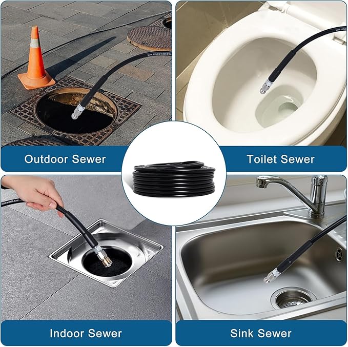 50FT Sewer Jetter Kit for Pressure Washer, 5800PSI Water Jet Durable Drain Cleaner Hose 1/4 Inch NPT Corner with 4 Specialized Nozzles,Waterproof Tape, Pearl Corsage Pin, Handle Strap & 2 Spanners