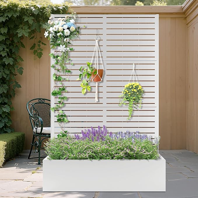 Metal Planter Box with Trellis, Heavy-Duty Raised Garden Bed for Climbing Plants, Drainage Hole, Outdoor Planter Box with Privacy Screen,47''L×16''W×71''H