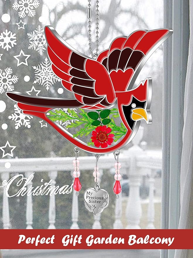 KY&BOSAM Cardinal Suncatcher Stain Glass My Precious Sister Had-Painted Sun Catcher Hanging for Window Wind Chime Gifts for Sister Mother`s Day Valentine's Birthday Christmas Thanksgiving