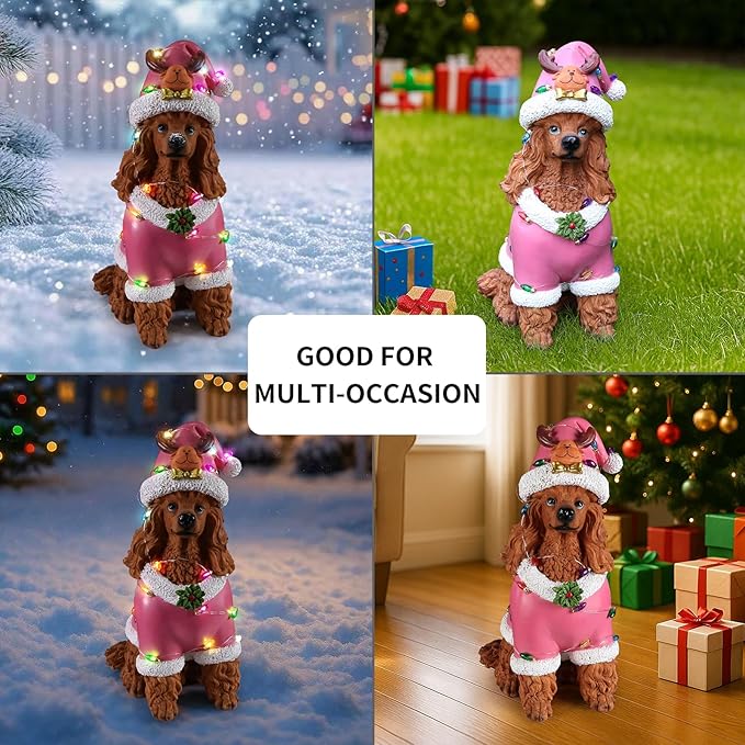 Christmas Decorations Outdoor Dog Statue, Resin Poodle Dog Sculpture with Pink Christmas Santa Outfit & Lights, Battery Operated Indoor Holiday Décor Gift for mom