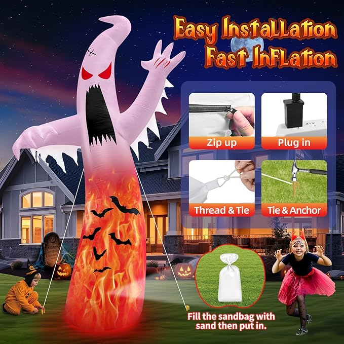 1PCS 12FT Giant Halloween Inflatables Decoration Ghost with 3-Colored Flame Rotation LED Light Spooky Halloween Decorations Outdoor Blow Up Yard Decoration for Home Lawn Holiday Party