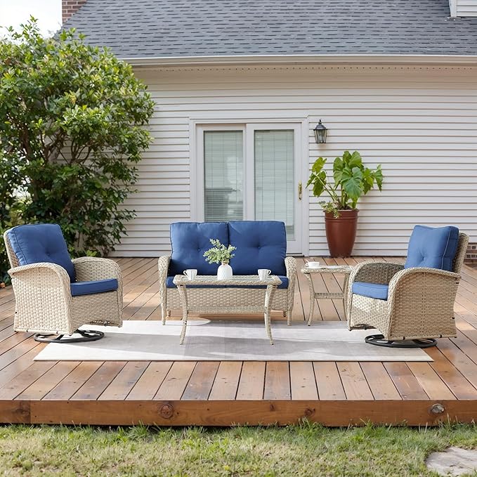 2 in 1 Porch Glider Swivel Chair - Wicker Patio Furniture Outdoor Swivel Rocker Chair with Thick Cushion, 300 Lb Weight Capacity Patio Swivel Glider Seating - Light Beige Wicker Blue Cushion