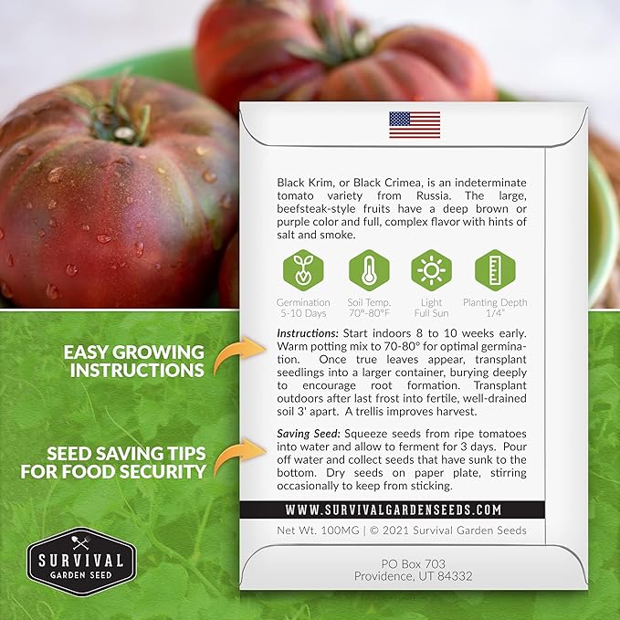 Survival Garden Seeds - Black Krim Tomato Seed for Planting - 3 Packets with Instructions to Plant & Grow Delicious Fresh Slicing Tomatoes in Your Home Vegetable Garden - Non-GMO Heirloom Variety
