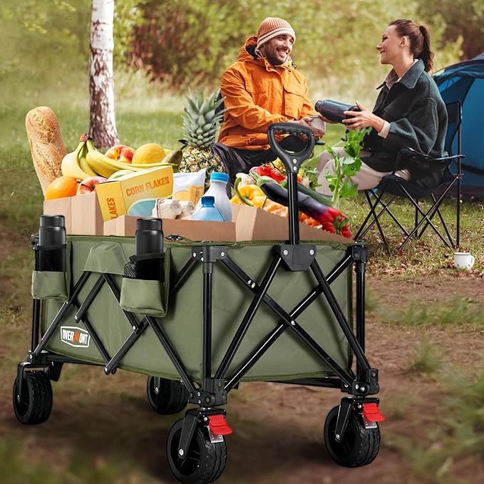 Overmont Collapsible Wagon Cart with Wheels - 180L Foldable Heavy Duty Wagon with Big All-Terrain Wheels - 330Lbs Weight Capacity with Side Pockets for Camping Sports Garden Grocery Shopping Green