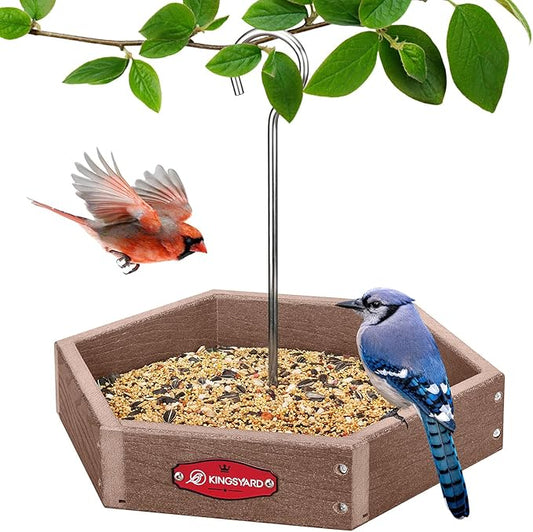 Kingsyard Heavy Duty Hanging Platform Bird Feeder Weatherproof, Recycled Plastic Tray with Metal Mesh Screen, Easy Clean Outdoor Feeder for Cardinals Bluebirds Wild Birds, Brown